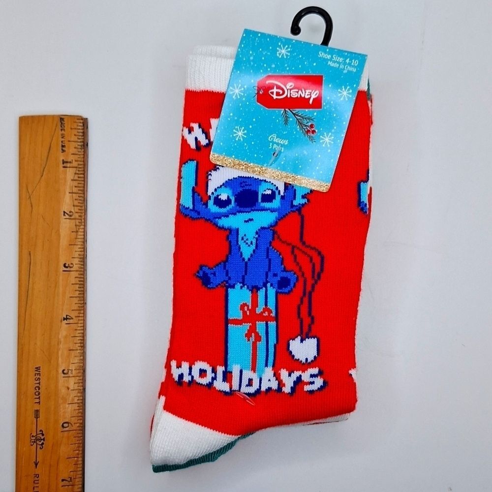 Disney STITCH happy holidays Christmas crew socks 3 pair nwt
